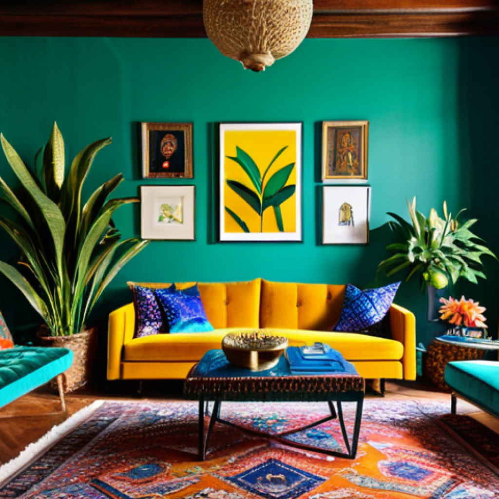 A vibrant maximalist living room interior, bursting with audacious color and rich textures. Dominant hues of emerald green, electric blue, and mustard yellow are artfully layered. A plush velvet sofa is adorned with patterned silk cushions and thick wool throws. Multiple artisanal rugs, including a jute base with a vibrant Persian rug layered on top, cover the floor. Walls display a gallery of diverse, curated art. Lush indoor plants add life. The space feels abundant, cozy, and highly personal, inviting comfort and visual exploration. It's a professional interior photograph, well-lit with natural light. Safe for work, appropriate content, fully clothed, family-friendly, perfect anatomy, correct proportions, natural pose.