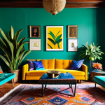 A vibrant maximalist living room interior, bursting with audacious color and rich textures. Dominant hues of emerald green, electric blue, and mustard yellow are artfully layered. A plush velvet sofa is adorned with patterned silk cushions and thick wool throws. Multiple artisanal rugs, including a jute base with a vibrant Persian rug layered on top, cover the floor. Walls display a gallery of diverse, curated art. Lush indoor plants add life. The space feels abundant, cozy, and highly personal, inviting comfort and visual exploration. It's a professional interior photograph, well-lit with natural light. Safe for work, appropriate content, fully clothed, family-friendly, perfect anatomy, correct proportions, natural pose.