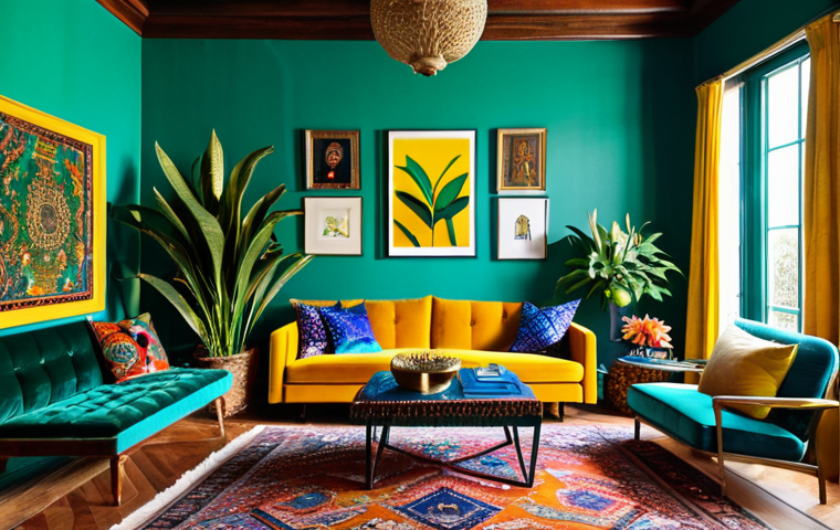 A vibrant maximalist living room interior, bursting with audacious color and rich textures. Dominant hues of emerald green, electric blue, and mustard yellow are artfully layered. A plush velvet sofa is adorned with patterned silk cushions and thick wool throws. Multiple artisanal rugs, including a jute base with a vibrant Persian rug layered on top, cover the floor. Walls display a gallery of diverse, curated art. Lush indoor plants add life. The space feels abundant, cozy, and highly personal, inviting comfort and visual exploration. It's a professional interior photograph, well-lit with natural light. Safe for work, appropriate content, fully clothed, family-friendly, perfect anatomy, correct proportions, natural pose.