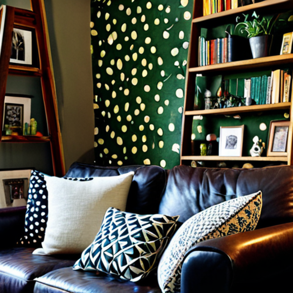 **
"A cozy living room filled with an eclectic mix of vintage and modern furniture, fully clothed, professional, safe for work, appropriate content. A repurposed old ladder serves as a bookshelf. Bold patterned cushions adorn a leather sofa. Walls are decorated with a gallery wall of diverse art pieces and a vibrant, patterned wallpaper. Lots of plants add a touch of nature. Warm lighting from fairy lights and candles creates a magical atmosphere. Perfect anatomy, correct proportions, well-formed hands, natural pose, high quality."
**