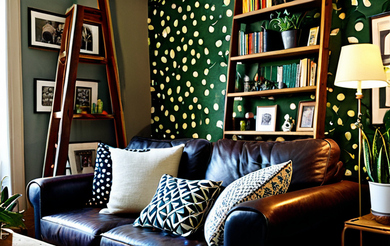 **
"A cozy living room filled with an eclectic mix of vintage and modern furniture, fully clothed, professional, safe for work, appropriate content. A repurposed old ladder serves as a bookshelf. Bold patterned cushions adorn a leather sofa. Walls are decorated with a gallery wall of diverse art pieces and a vibrant, patterned wallpaper. Lots of plants add a touch of nature. Warm lighting from fairy lights and candles creates a magical atmosphere. Perfect anatomy, correct proportions, well-formed hands, natural pose, high quality."
**