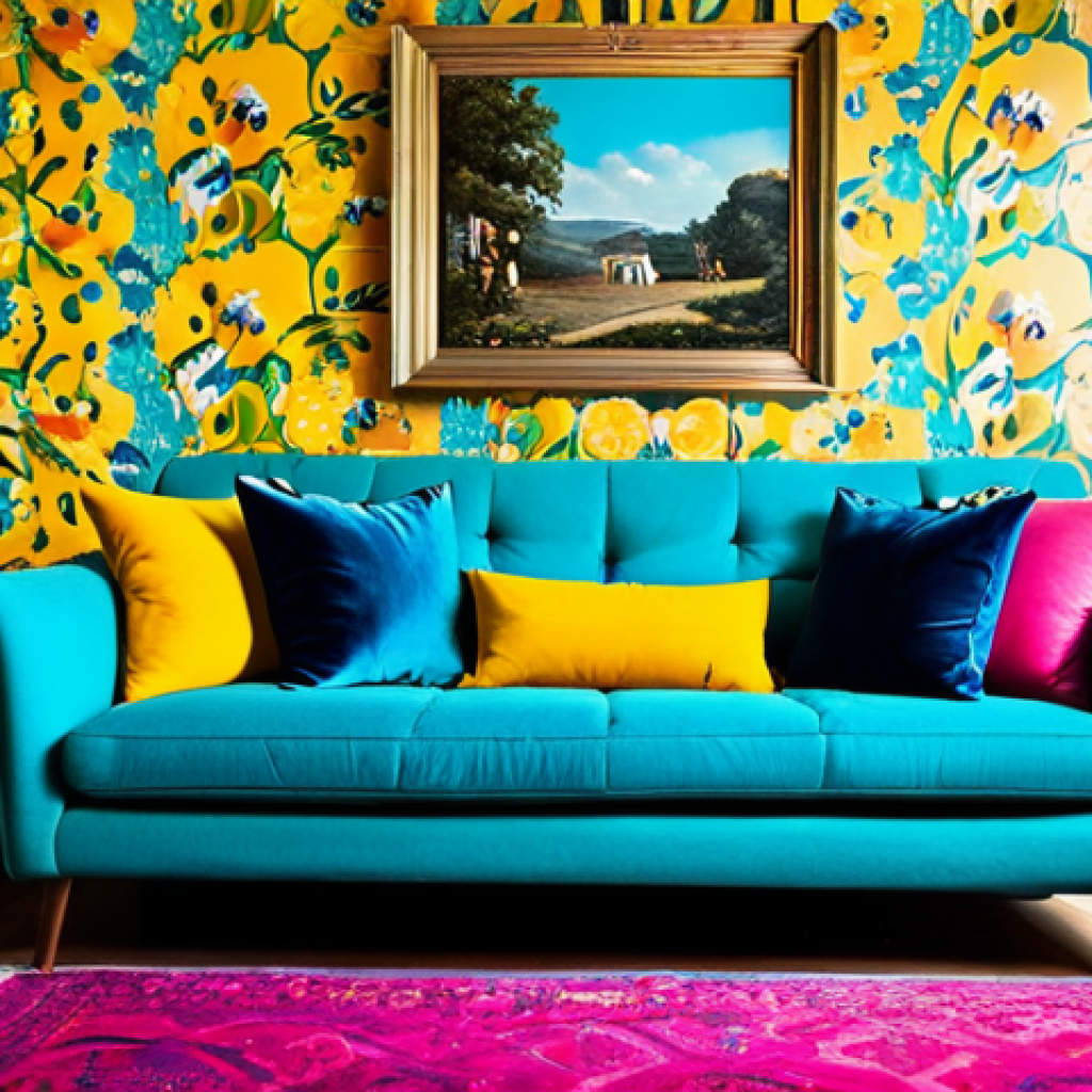 Maximalist Living Room - Color & Pattern Explosion**
"A vibrant living room, fully clothed appropriate attire, safe for work, maximalist style. Fushia sofa with turquoise and mustard cushions, floral wallpaper combined with striped cushions, perfect anatomy, correct proportions, well-formed hands, proper finger count, natural body proportions, modest clothing, professional photography, high quality."
**