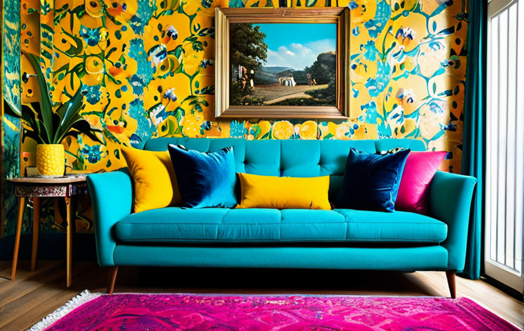 Maximalist Living Room - Color & Pattern Explosion**
"A vibrant living room, fully clothed appropriate attire, safe for work, maximalist style. Fushia sofa with turquoise and mustard cushions, floral wallpaper combined with striped cushions, perfect anatomy, correct proportions, well-formed hands, proper finger count, natural body proportions, modest clothing, professional photography, high quality."
**