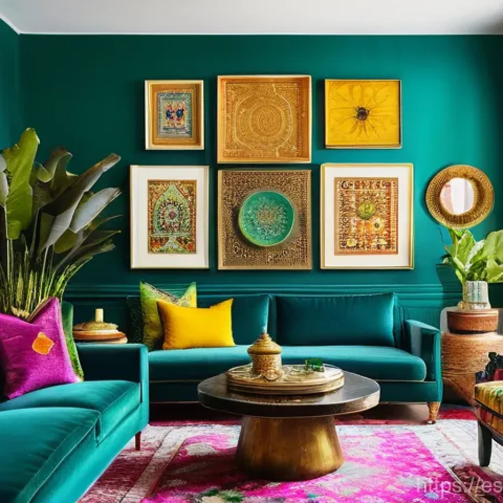 재료의 다양성을 통한 맥시멀리즘 - **Vibrant Maximalist Living Room with Global Accents:** A cozy yet exuberant living room bursting wi...