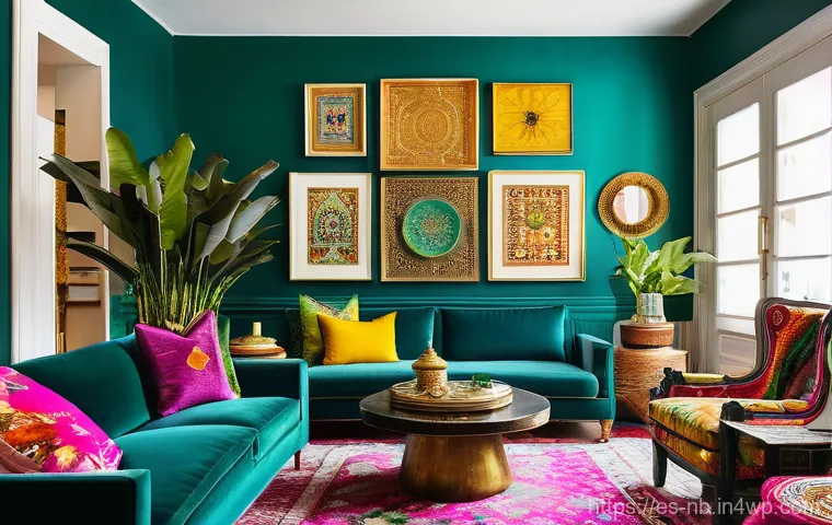 재료의 다양성을 통한 맥시멀리즘 - **Vibrant Maximalist Living Room with Global Accents:** A cozy yet exuberant living room bursting wi...