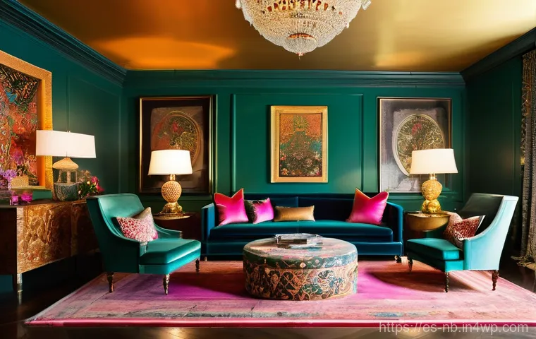 스마트한 맥시멀리즘 인테리어 팁 - Image Prompt 1: Vibrant Maximalist Living Room**