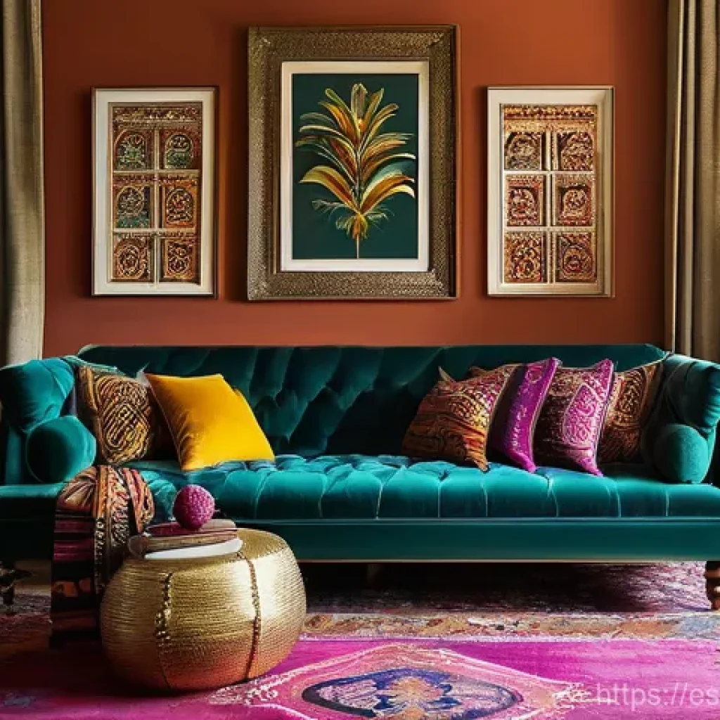 맥시멀리즘 인테리어에서의 균형 찾기 - **A Vibrant Maximalist Living Room:**
A richly decorated, inviting living room in a conscious ma...