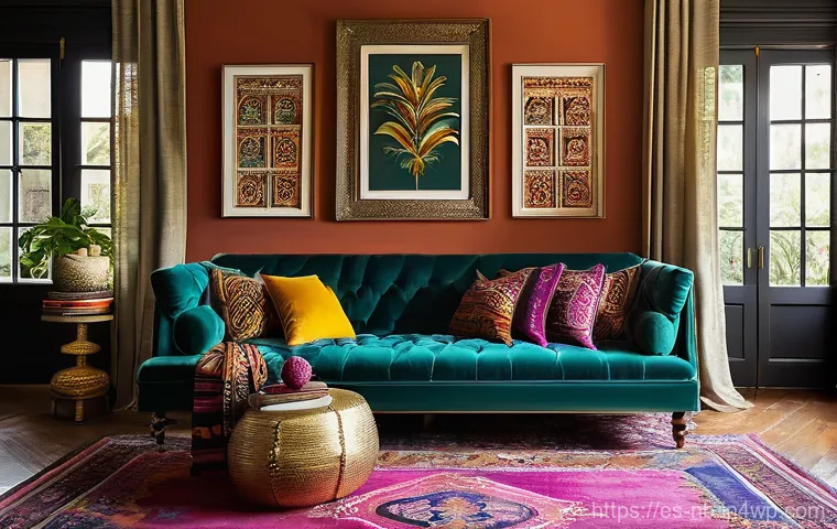 맥시멀리즘 인테리어에서의 균형 찾기 - **A Vibrant Maximalist Living Room:**
A richly decorated, inviting living room in a conscious ma...
