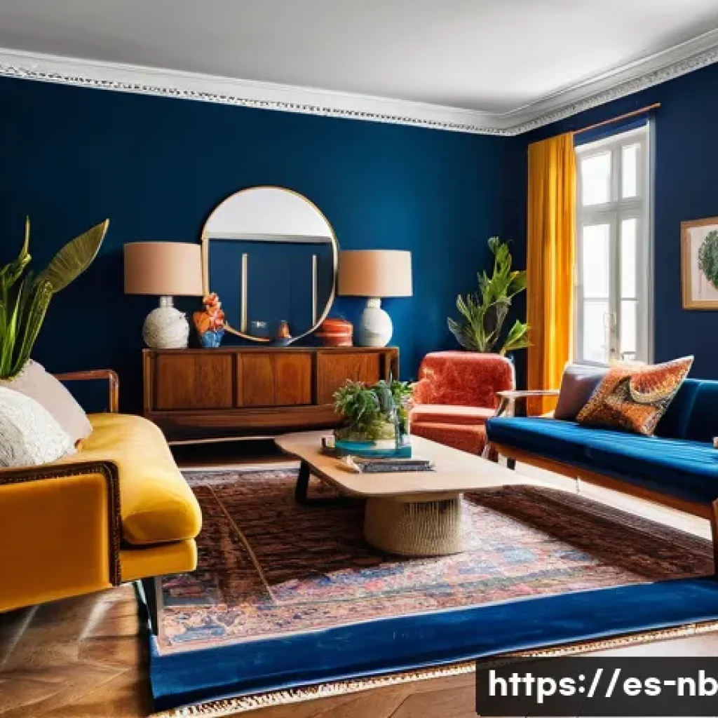 맥시멀리즘과 공간의 감정적 연결 - A vibrant maximalist living room featuring deep blue walls and a colorful patterned rug, layered wit...