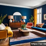 Home 21 맥시멀리즘과 공간의 감정적 연결 - A vibrant maximalist living room featuring deep blue walls and a colorful patterned rug, layered wit...