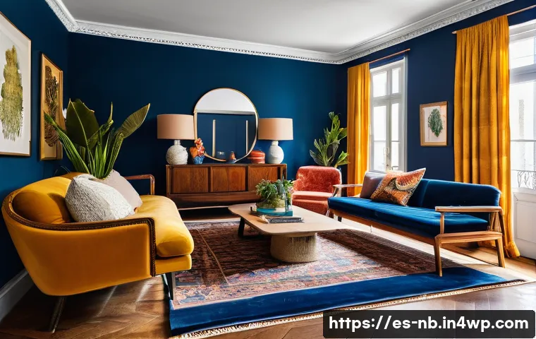 맥시멀리즘과 공간의 감정적 연결 - A vibrant maximalist living room featuring deep blue walls and a colorful patterned rug, layered wit...