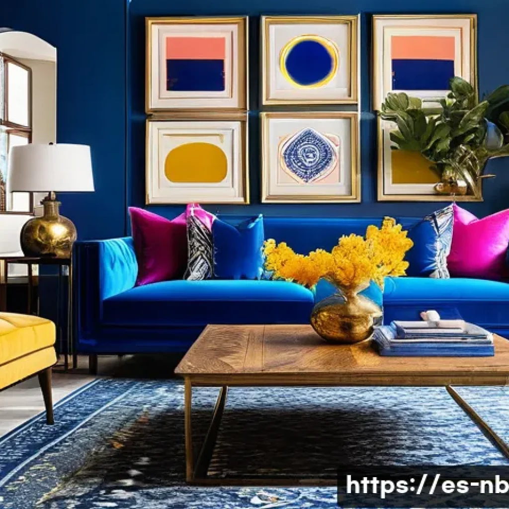 주택 리모델링 시 맥시멀리즘 고려사항 - A vibrant maximalist living room featuring an electric blue dominant color palette with mustard and ...