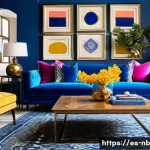 Home 20 주택 리모델링 시 맥시멀리즘 고려사항 - A vibrant maximalist living room featuring an electric blue dominant color palette with mustard and ...