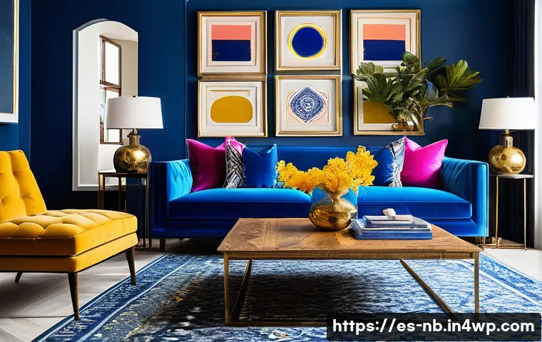 주택 리모델링 시 맥시멀리즘 고려사항 - A vibrant maximalist living room featuring an electric blue dominant color palette with mustard and ...