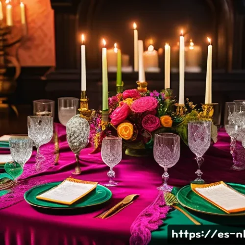 Home 31 결혼식 같은 특별한 날의 맥시멀리즘 - A vibrant maximalist wedding table setting featuring bold contrasting colors like fuchsia and emeral...