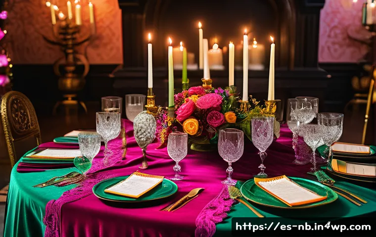 결혼식 같은 특별한 날의 맥시멀리즘 - A vibrant maximalist wedding table setting featuring bold contrasting colors like fuchsia and emeral...
