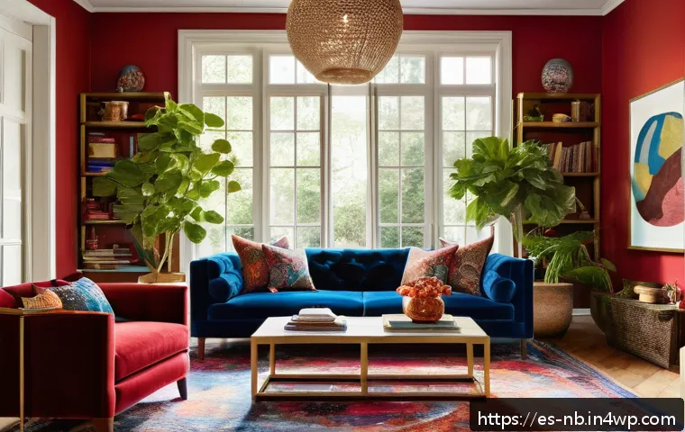 맥시멀리즘 인테리어에서의 공간 배치 - A vibrant maximalist living room featuring a warm neutral base palette with soft beige walls and woo...