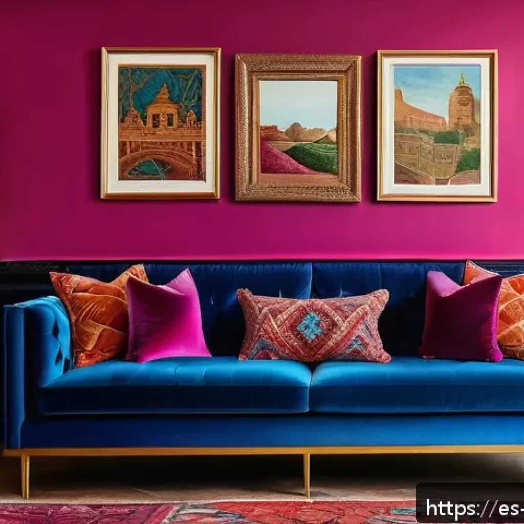 인테리어 트렌드 맥시멀리즘의 부상 - A vibrant maximalist living room filled with bold colors and rich textures: an electric blue velvet ...