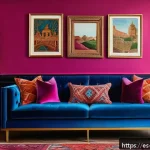 Home 23 인테리어 트렌드 맥시멀리즘의 부상 - A vibrant maximalist living room filled with bold colors and rich textures: an electric blue velvet ...