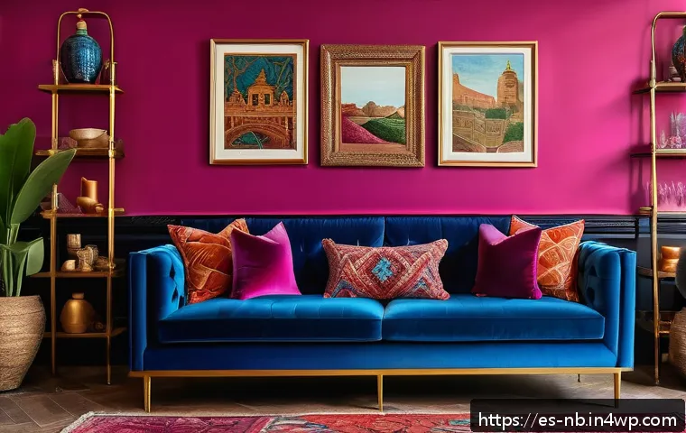 인테리어 트렌드  맥시멀리즘의 부상 - A vibrant maximalist living room filled with bold colors and rich textures: an electric blue velvet ...