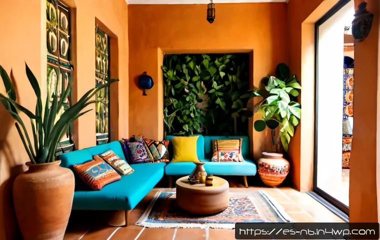 Home 17 고유한 아이템으로 꾸미는 맥시멀리즘 - Photorealistic Spanish apartment living room styled in curated maximalism, sunlit terracotta tile fl...