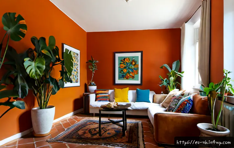 Home 17 거실에서의 맥시멀리즘 활용법 - Photorealistic maximalist living room in a warm Spanish apartment, richly layered but carefully orga...