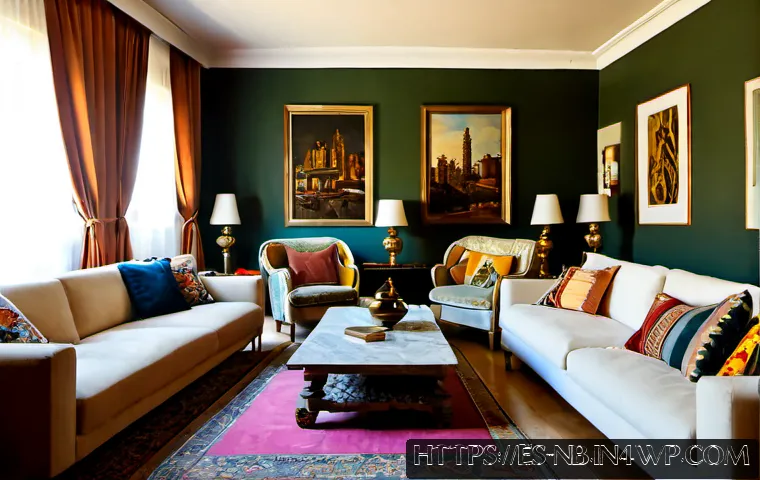Home 17 예술 작품으로 가득한 맥시멀리즘 - Photorealistic maximalist living room in a sunlit Barcelona apartment, walls densely curated with co...