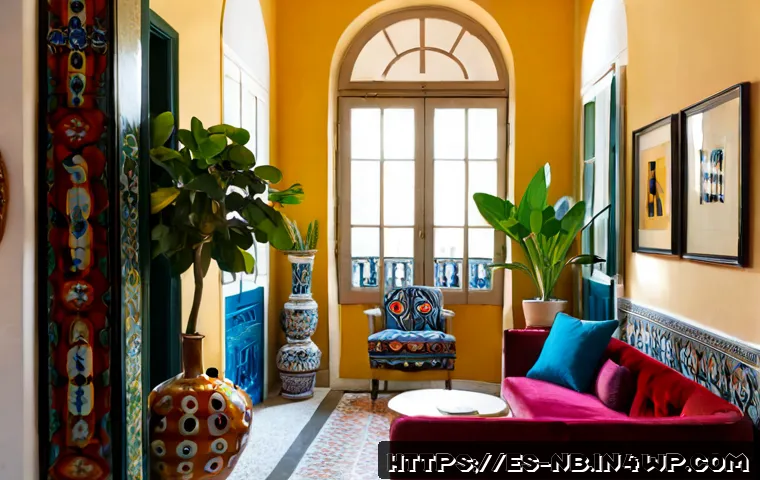 맥시멀리즘 인테리어의 문화적 배경 - Photorealistic maximalist living room in a historic Madrid apartment, richly layered patterned tiles...