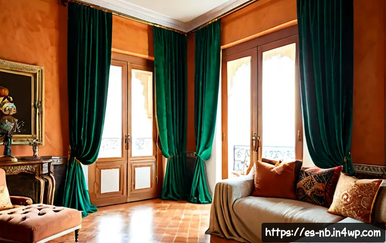 Home 17 고급스러운 맥시멀리즘 커튼 선택법 - Photorealistic elegant maximalist living room in a Spanish Mediterranean apartment, layered floor-to...